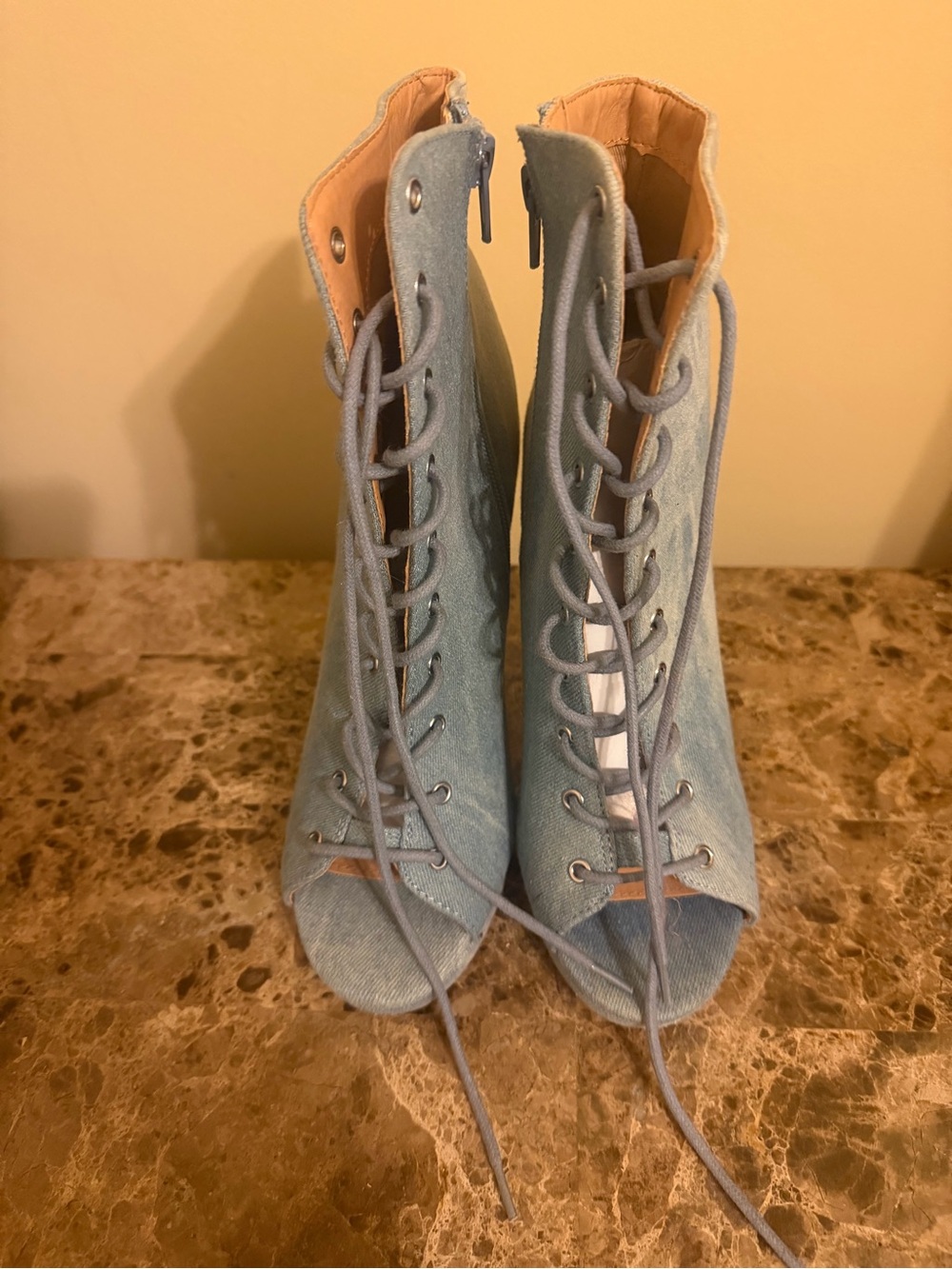 Wild Diva Light Blue Denim Lace-Up Peep Toe Heeled Booties Never worn!